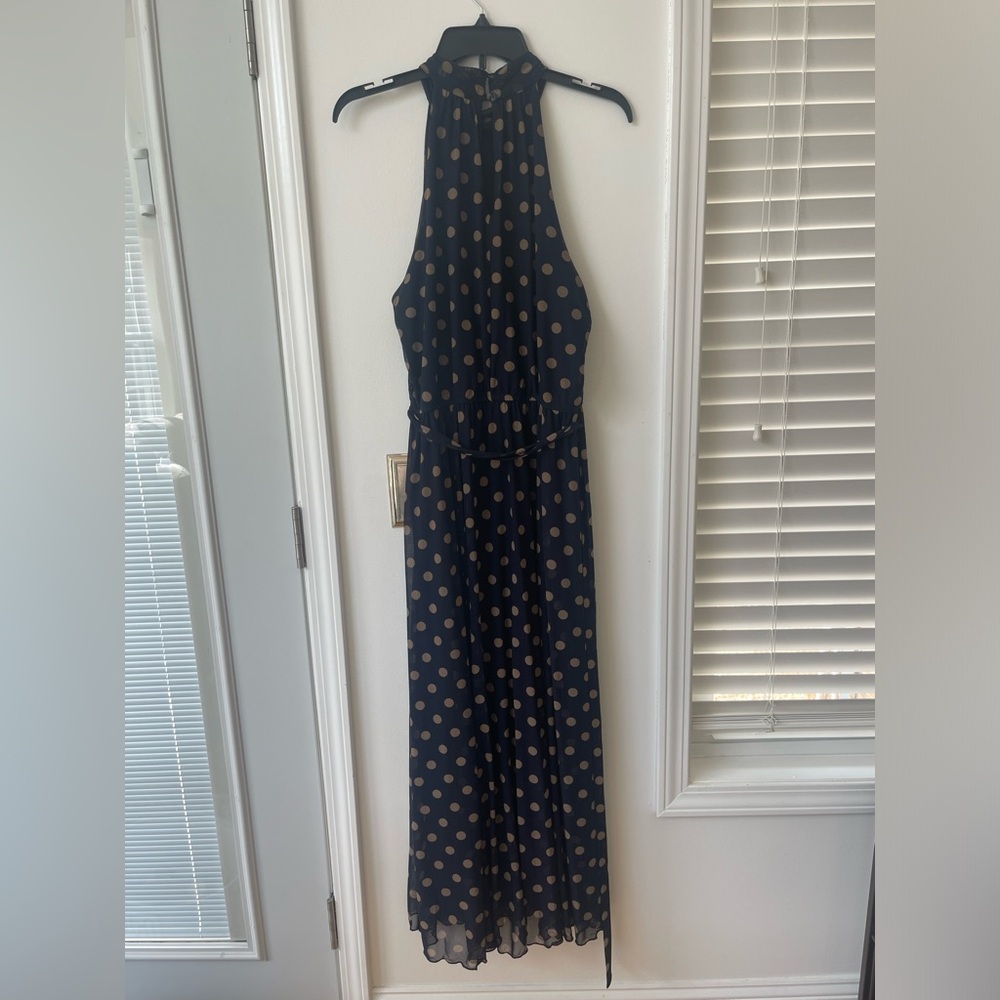Kate & Lilly size 14 navy gold polka dots sleeveless flowy lined maxi dress